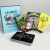 A box of La Santa Muerte Lenormand by Schiffer Publishing, Ltd. stands upright beside fanned divination cards, showcasing black card backs each decorated with a bold white mystical symbol.