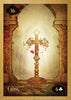 The Lenormand of Enchantment deck by Schiffer Publishing, Ltd. features card 36, "Cross," showing a golden ornate cross with blue gems in an arched stone hallway, a floating red rose petal, and a six of clubs symbol.