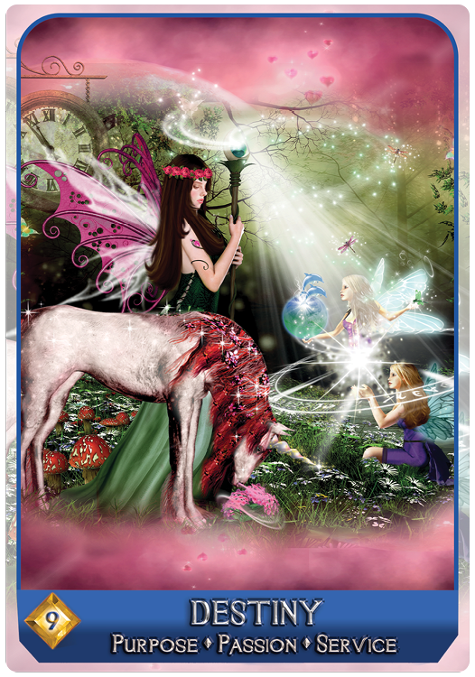 A magical scene inspired by Schiffer Publishing, Ltd.'s Magical Dimensions Oracle Cards and Activators shows pink-winged fairies and a red-maned unicorn guiding a girl amid glowing orbs. Text: DESTINY – Purpose • Passion • Service.