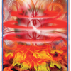 A vibrant card from the Magical Dimensions Oracle Cards and Activators by Schiffer Publishing, Ltd. features swirling red, orange, and yellow energy with abstract root-like patterns. Text reads: Stability • Vitality • Survival—ideal for intuitive guidance.