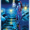 A mystical, blue-toned scene from Magical Dimensions Oracle Cards and Activators by Schiffer Publishing, Ltd. shows a celestial woman with a leopard and a fairy by a reflective lake under cosmic skies. Card text: "Star Power: Transmission • Recall • Mission.