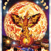 A fiery phoenix rises before a solar eclipse, with cosmic patterns and bursts of light, inspired by the Magical Dimensions Oracle Cards and Activators from Schiffer Publishing, Ltd. Bottom text: 46 SOLAR ECLIPSE – Growth • Opportunities • Change.