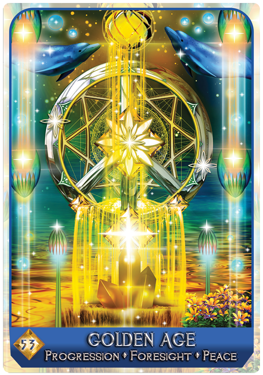 A vibrant card from the Magical Dimensions Oracle Cards and Activators by Schiffer Publishing, Ltd. titled GOLDEN AGE shows golden light, geometry, dolphins, and lotuses, with “Progression • Foresight • Peace” and the number 53 for intuitive guidance.