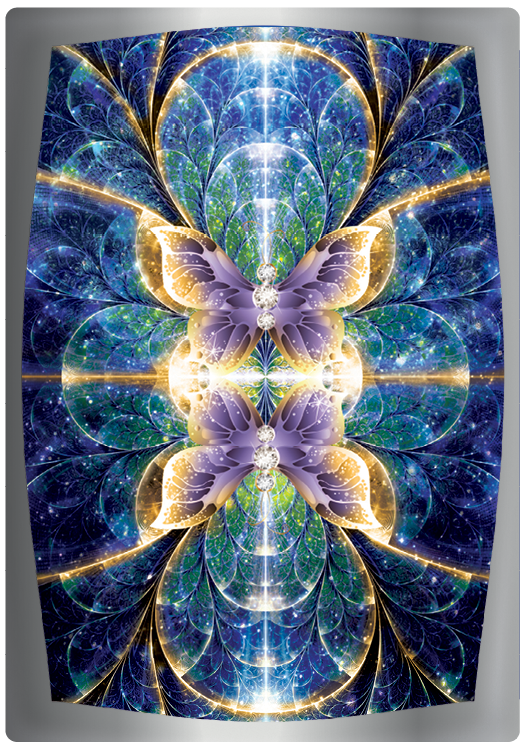 The Magical Dimensions Oracle Cards and Activators by Schiffer Publishing, Ltd. features a vibrant butterfly fractal with purple and gold wings on a star-filled blue-green background, perfect for intuitive guidance or affirmation card readings.