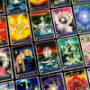 A close-up of the Magical Dimensions Oracle Cards and Activators by Schiffer Publishing, Ltd., showing vibrant cards with mystical titles like Awakening, Galactic Guidance, and Emotional Freedom, ideal for intuitive guidance and reflection.