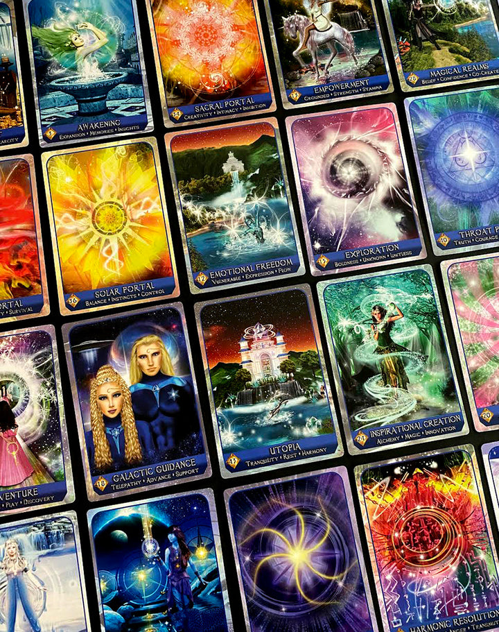 A close-up of the Magical Dimensions Oracle Cards and Activators by Schiffer Publishing, Ltd., showing vibrant cards with mystical titles like Awakening, Galactic Guidance, and Emotional Freedom, ideal for intuitive guidance and reflection.