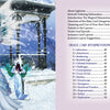 A mystical scene from Schiffer Publishing’s Magical Dimensions Oracle Cards and Activators features a white unicorn, ethereal woman in blue with a glowing orb, green-robed figures, snowy gazebo, and oracle deck table of contents.