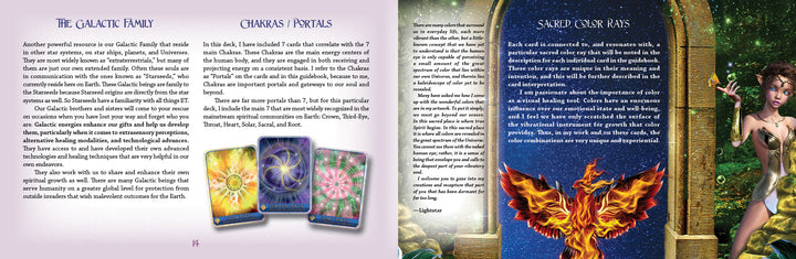 Two pages from Magical Dimensions Oracle Cards and Activators by Schiffer Publishing, Ltd.: The left page features The Galactic Family, Chakras/Crystals, and four illustrated affirmation cards; the right shows Sacred Color Rays, a fiery phoenix, and a fairy-like woman.