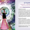 Two illustrated cards from Magical Dimensions Oracle Cards and Activators by Schiffer Publishing, Ltd.: One features a girl in a pink dress near a glowing portal in a magical forest; the other shows treasure, gold coins, a dragon, and a man with valuables.