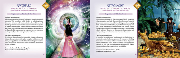 Two illustrated cards from Magical Dimensions Oracle Cards and Activators by Schiffer Publishing, Ltd.: One features a girl in a pink dress near a glowing portal in a magical forest; the other shows treasure, gold coins, a dragon, and a man with valuables.