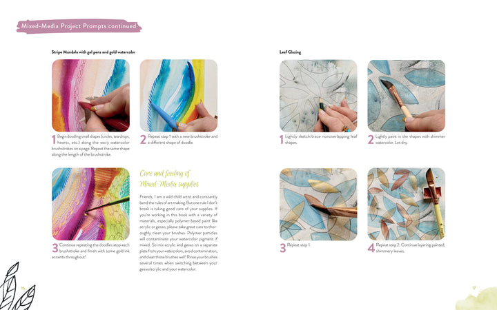 Step-by-step images and text instructions in "Mixed-Media Adventures with Kristy Rice" by Schiffer Publishing, Ltd. guide you to draw and paint mandalas with gel pens and watercolor, then glaze leaf shapes on textured paper for creative relaxation.