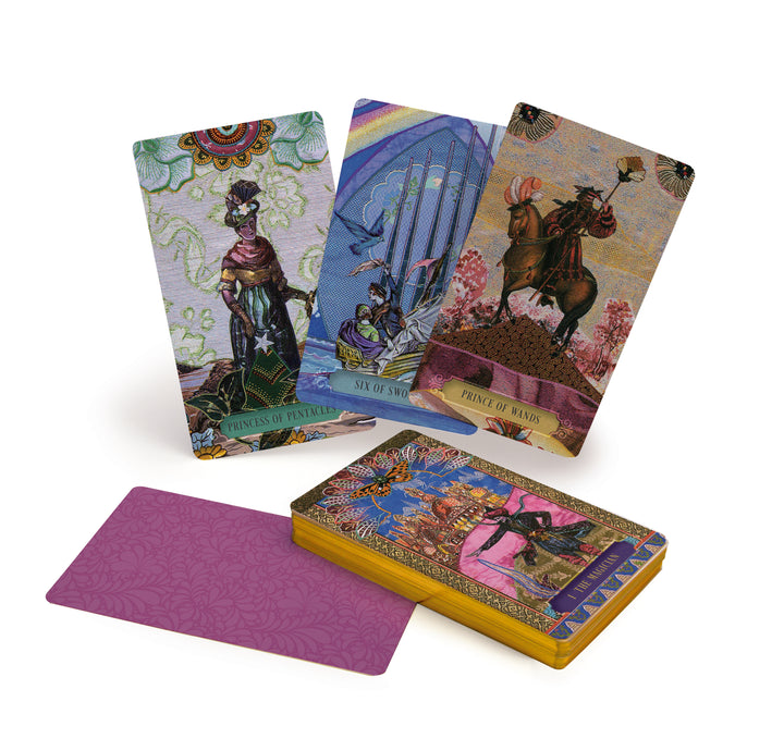 The Zerner/Farber Tarot by Schiffer Publishing, Ltd. features vibrant cards like Princess of Pentacles, Six of Swords, and Prince of Wands, all with intricate art and gold edges—ideal for anyone learning Tarot.