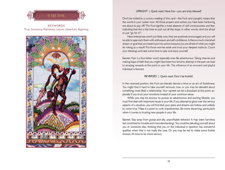 The Fool card in The Zerner/Farber Tarot by Schiffer Publishing, Ltd. shows a colorful figure with a dog near a cliff. The included text discusses psychic potential, trust, innocence, and new beginnings in all card positions.