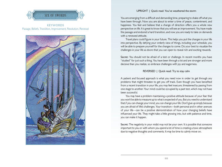 The Zerner/Farber Tarot by Schiffer Publishing, Ltd. shows the Six of Swords—figures crossing water under a gray sky. The guidebook explains upright and reversed meanings, plus keywords to enhance your tarot card readings.