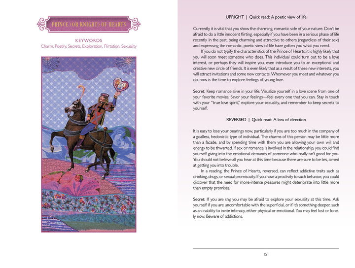 The Zerner/Farber Tarot by Schiffer Publishing, Ltd. features the Prince or Knight of Hearts card—showing a knight and woman on horseback against a purple-blue pattern—ideal for tarot decks or guidebooks, with meanings, keywords, and psychic insights.