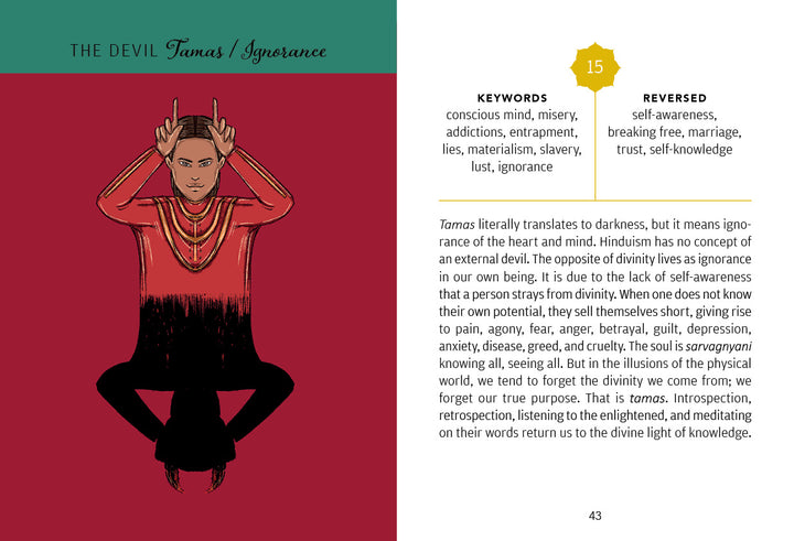 A stylized illustration from the Swagatam Tarot by Schiffer Publishing, Ltd. shows a cross-legged figure on a split red and green background, mimicking horns, with “Tamas / Ignorance” and Hindu philosophy themes beside them.