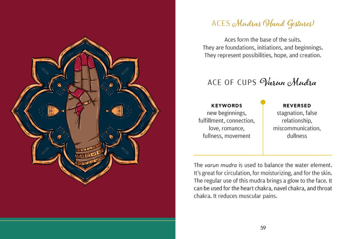 An illustrated hand with red nails and gold rings forms a mudra, centered in a blue and gold mandala. Text details the Ace of Cups Varun Mudra from the Swagatam Tarot by Schiffer Publishing, Ltd., with keywords and usage instructions.