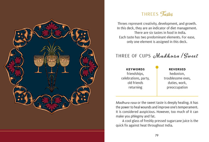 A decorative card from Swagatam Tarot by Schiffer Publishing, Ltd. features ornate floral borders framing three cups, with accompanying text that explores the sweetness and cultural meaning of the Three of Cups in Indian tradition.