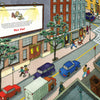 ABCity by Schiffer Publishing, Ltd. captures a vibrant city street maze with people, cars, and trees—just like a seek-and-find game. Spot a man walking his dog near the crosswalk as others enjoy their day in this lively urban scene.