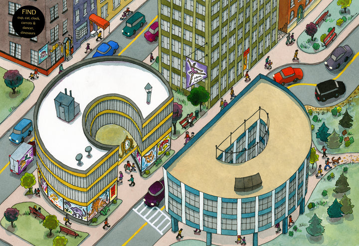 ABCity by Schiffer Publishing, Ltd. offers a bird’s-eye view of a city maze with G- and D-shaped buildings, busy sidewalks, cars, trees, billboards, and a park—ideal for seek-and-find fun.