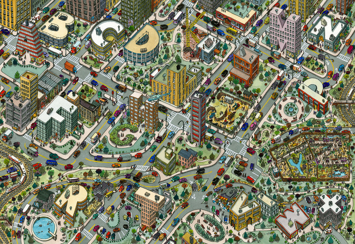 ABCity by Schiffer Publishing, Ltd. is a vibrant maze illustration with roads, cars, parks, and buildings shaped like letters A, B, C, D, E, F, G, M, N, R, and W—ideal for seek-and-find fun.