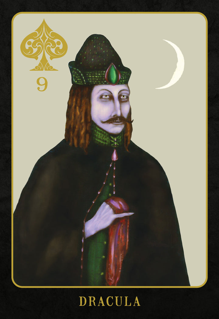 A mystical tarot card from The Doors of Somlipith by Schiffer Publishing, Ltd. shows Dracula with pale skin, a pointed hat, and a dark cloak beneath a crescent moon. Gold spade and the number 9 appear, with DRACULA for esoteric card readings.