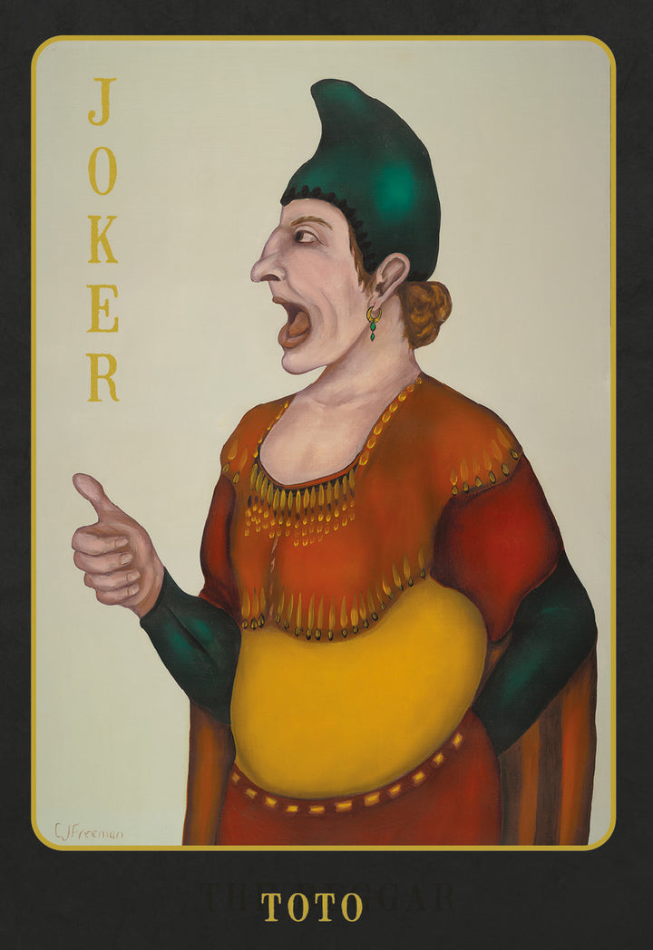 A painting of a woman in a green hat and yellow shirt holding playing cards evokes the esoteric world of "The Doors of Somlipith" by Schiffer Publishing, Ltd.