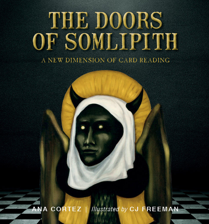 Book cover for The Doors of Somlipith by Schiffer Publishing, Ltd. shows a dark, horned figure with yellow eyes and a white headdress on a checkered floor, evoking playing cards and esoteric themes. Title and authors' names appear above and below.