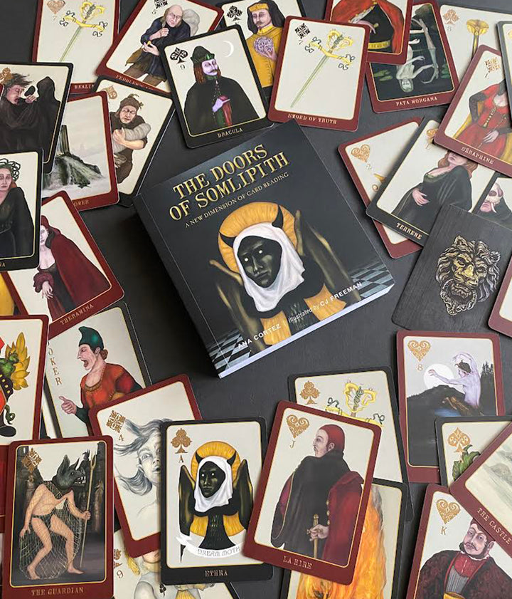The Doors of Somlipith by Schiffer Publishing, Ltd. features captivating images of people and mystical tarot cards, inviting readers to explore and appreciate the art of card reading.