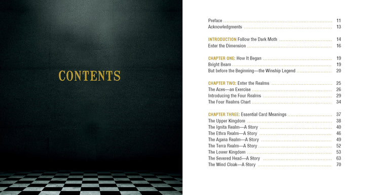 On the right, The Doors of Somlipith by Schiffer Publishing, Ltd. displays its table of contents in yellow and white. On the left, “CONTENTS” is centered above a checkered floor, creating a mysterious card reading vibe.