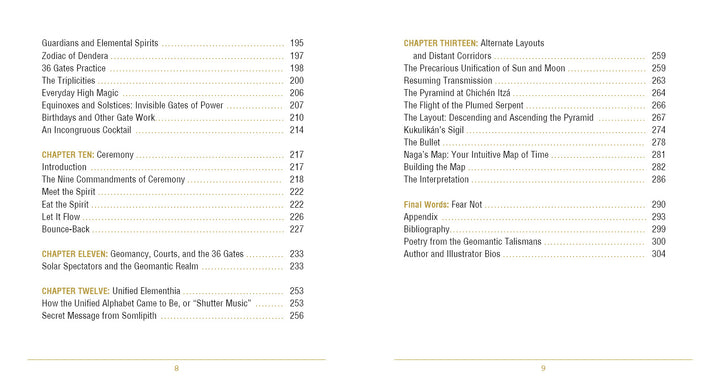 Table of contents for The Doors of Somlipith by Schiffer Publishing, Ltd. lists chapters on elemental spirits, ceremonies, zodiac, geonatics, mystical tarot, and alternate layouts, with highlighted key sections.