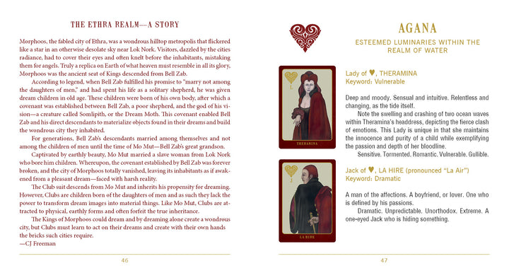A two-page spread from The Doors of Somlipith (Schiffer Publishing, Ltd.): The left page tells The Ethra Real—A Story; the right, tarot-inspired, introduces Agana, Water Luminaries, Lady Theramina, and La Hire with art and descriptions.