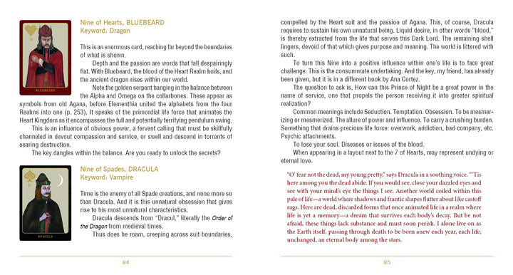Two pages from The Doors of Somlipith by Schiffer Publishing, Ltd. show illustrated playing cards—the Queen of Hearts as a dragon and the King of Spades as a vampire—with card details, story text, and an orange-highlighted quote on cream paper.