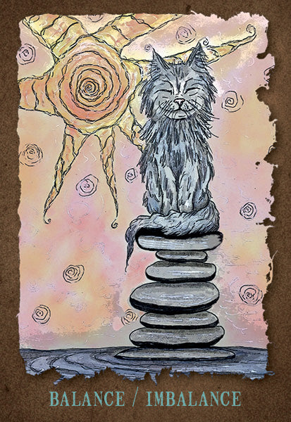 A gray cat sits atop balanced stones, embodying animal symbolism beneath a swirling sun. Pastel hues enhance the mood as BALANCE / IMBALANCE appears below. Product: The Everglow by Schiffer Publishing, Ltd.