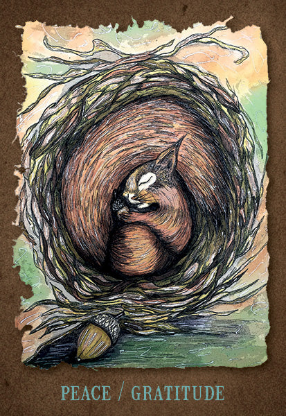 A squirrel sleeps peacefully in a cozy nest, an acorn nearby. The pastel scene evokes rest and gratitude. “PEACE / GRATITUDE.” appears below. From The Everglow by Schiffer Publishing, Ltd.