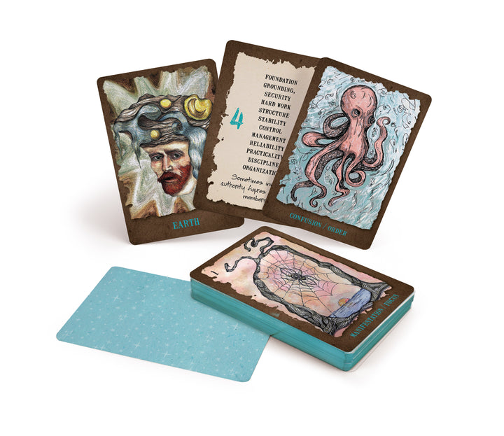 The Everglow by Schiffer Publishing, Ltd. is an illustrated oracle deck combining numerology and animal symbolism. Shown are cards with a man's face labeled Earth, keywords for the number 4, and a pink octopus titled Confusion/Order. Blue backs have white dots.