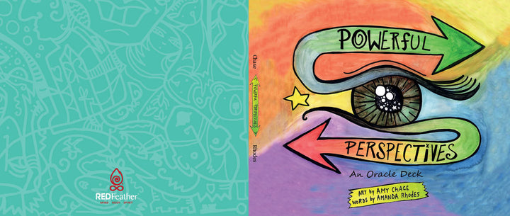The cover of Powerful Perspectives by Schiffer Publishing, Ltd. shows a large illustrated eye with colorful rays, green and red arrows pointing opposite ways, and handwritten-style text. Art by Amy Grigg; words by Amanda Rhodes.