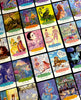 The Dream Your Joy Oracle Cards by Schiffer Publishing, Ltd. features a vibrant spread of whimsical illustrated cards, each with fantasy scenes, characters, and creatures—ideal for dream meditation—with descriptive titles and captions.