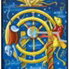The Grand Universal Tarot by Schiffer Publishing, Ltd. features the X – Wheel of Fortune card: a large, colorful wheel with a sphinx and symbols set against a starry blue sky—a timeless tool for divination.