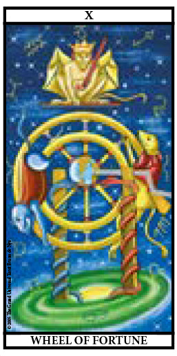 The Grand Universal Tarot by Schiffer Publishing, Ltd. features the X – Wheel of Fortune card: a large, colorful wheel with a sphinx and symbols set against a starry blue sky—a timeless tool for divination.