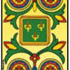 The Grand Universal Tarot by Schiffer Publishing, Ltd. features a Marseille-inspired design with ornate geometric and floral patterns, two circular motifs, a central green square with red and yellow shapes, and leafy accents on a yellow background.