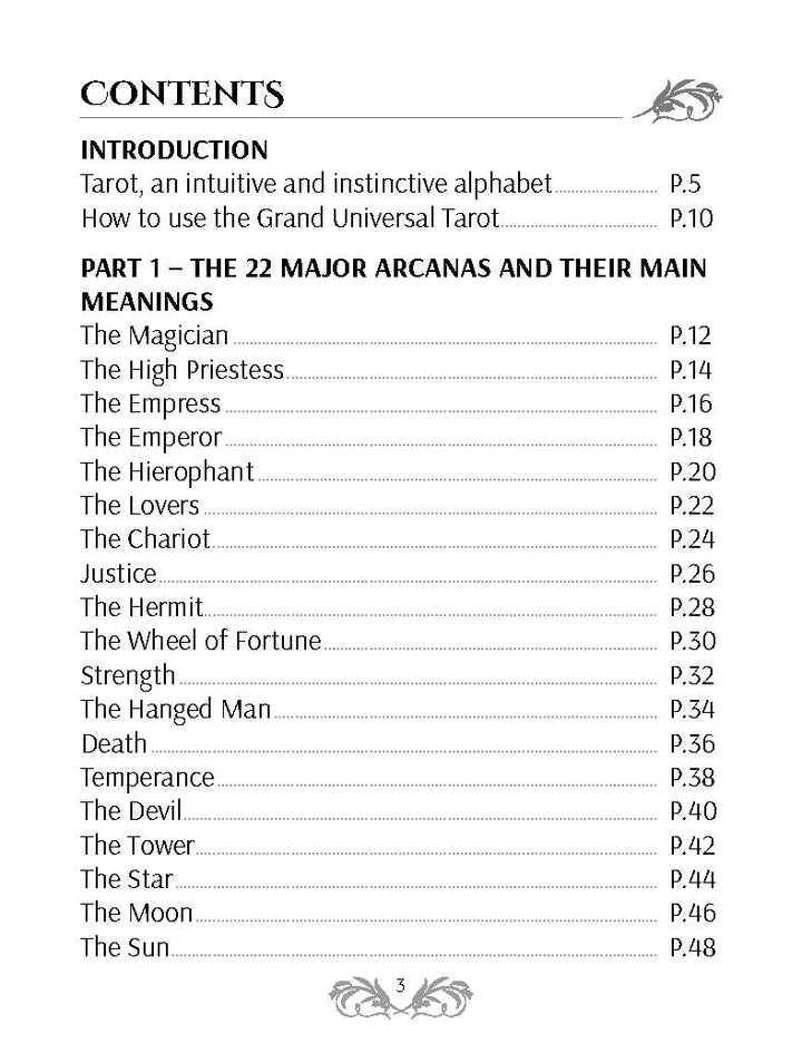 Table of contents page for The Grand Universal Tarot by Schiffer Publishing, Ltd., with sections on introduction, using the deck, and meanings for all 22 major arcana, including The Fool and The Sun, in the Marseille Tarot tradition.