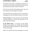 Page from Schiffer Publishing, Ltd.'s The Grand Universal Tarot book. It details reading upright card positions as positive or negative and describes the CUT and CROSS draws, featuring symbolic designs at the top and bottom of each page.