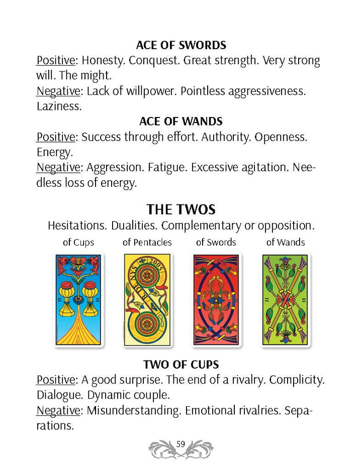 A page from The Grand Universal Tarot guidebook by Schiffer Publishing, Ltd., details Marseille-style meanings for Ace of Swords, Ace of Wands, and Two of Cups, with images of Cups, Pentacles, Swords, and Wands cards showing positive and negative interpretations.