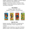A page from The Grand Universal Tarot by Schiffer Publishing, Ltd. shows Ten of Wands and Page of Cups meanings, positive and negative interpretations, and color images of four Marseille style Tarot pages, making it a valuable tool for card readers.