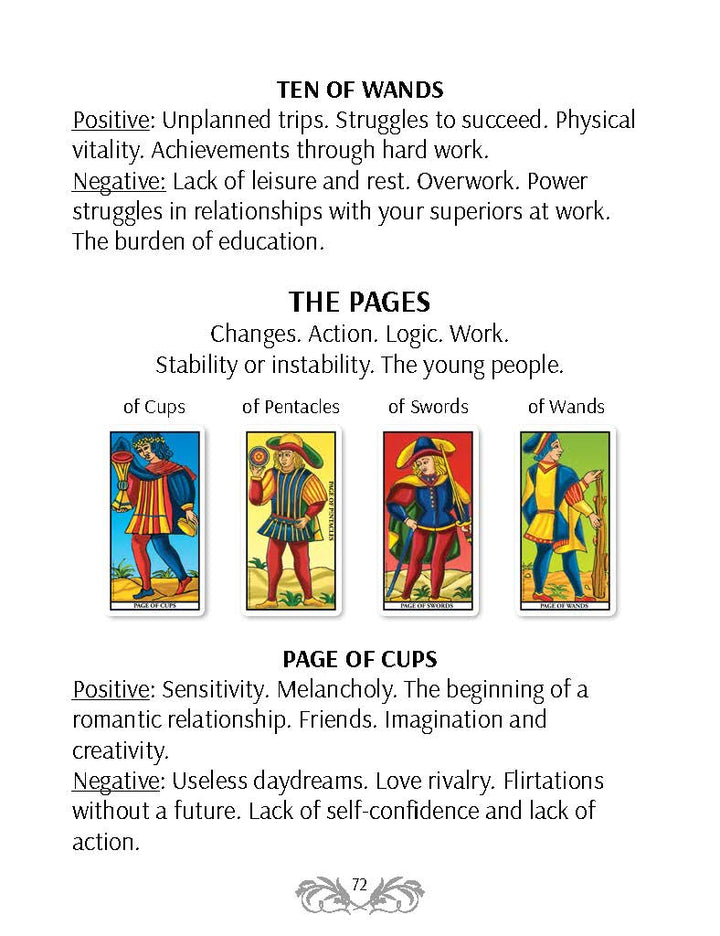 A page from The Grand Universal Tarot by Schiffer Publishing, Ltd. shows Ten of Wands and Page of Cups meanings, positive and negative interpretations, and color images of four Marseille style Tarot pages, making it a valuable tool for card readers.