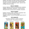 A page from The Grand Universal Tarot by Schiffer Publishing, Ltd. features interpretations for the Page of Pentacles, Swords, Wands, and the Knights, with small Marseille-style card images shown at the bottom.