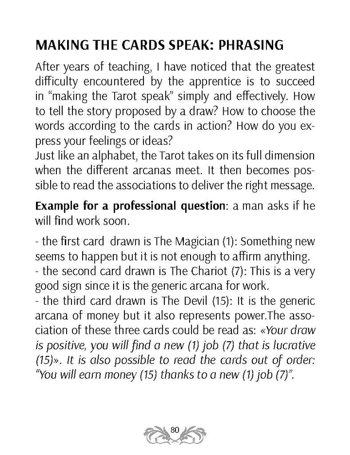 A page titled MAKING THE CARDS SPEAK: PHRASING in The Grand Universal Tarot by Schiffer Publishing, Ltd. teaches how to phrase tarot answers, showing a job prospects example with The Magician, Chariot, and Devil cards.