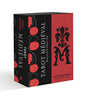 Tarot Médiéval by Schiffer Publishing, Ltd. is a box set featuring a medieval tarot deck with art by Wil Kinghan and guided by Caitlín Matthews. The red and black box shows roses, an ornate "M," and decorative symbols.