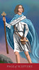 A young person in white and blue stands outdoors with a staff and scroll, channeling the mystical aura of the Tarot Médiéval deck by Schiffer Publishing, Ltd., beneath a gradient blue-pink sky.
